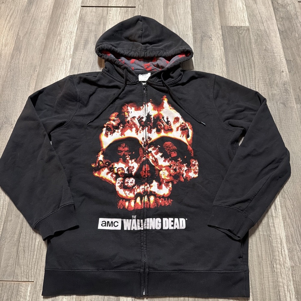 The Walking Dead AMC Zombie Skull Hoodie Men's Sz L Black Sweatshirt Full Zip